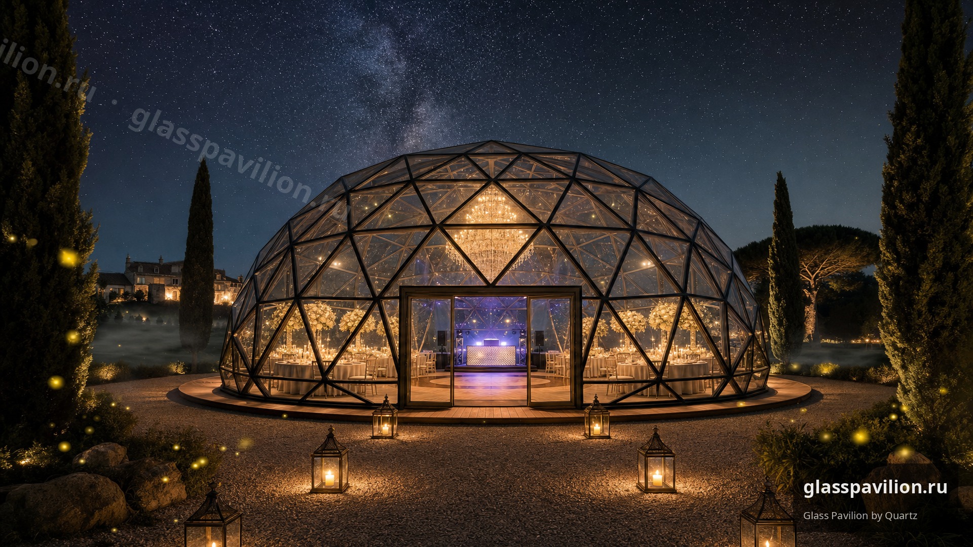 Стеклянный павильон Glass Pavilion вечером
